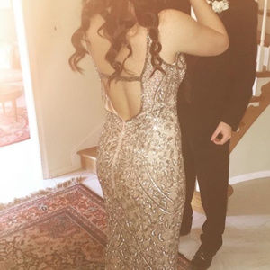 Primavera taupe handbeaded prom dress